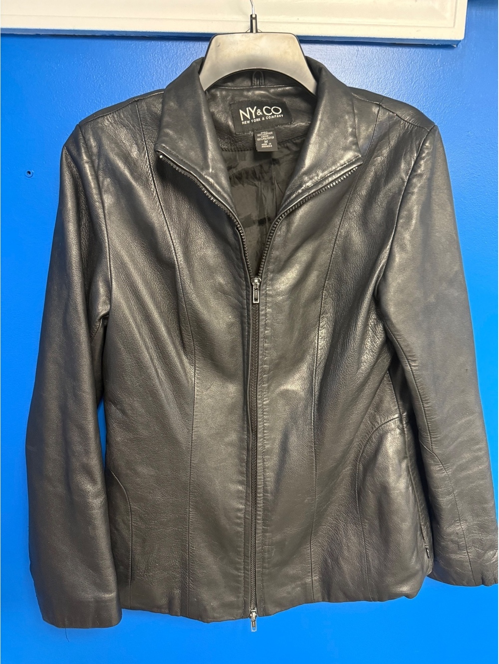 NY&CO Womens Medium Genuine Leather Zip Up Jacket Stand Collar Black